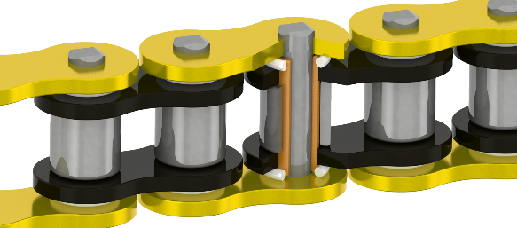 Cutaway view of a sealed chain showing outer and inner plates, pin, bush, roller and seals