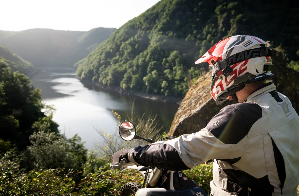 Husqvarna 701 Enduro in travel use overlooking the Dordogne Valley in France